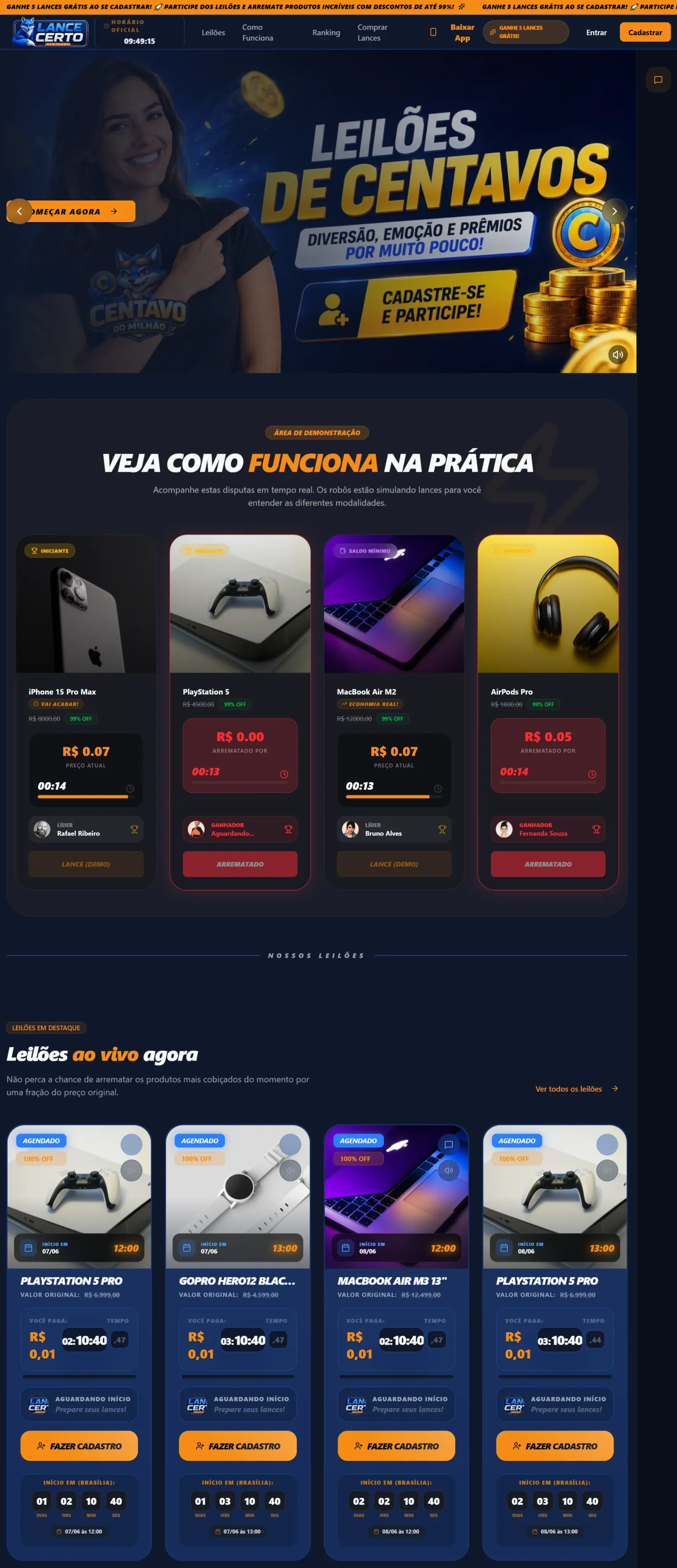 Vitrine de Prêmios — sistema leilão de centavos