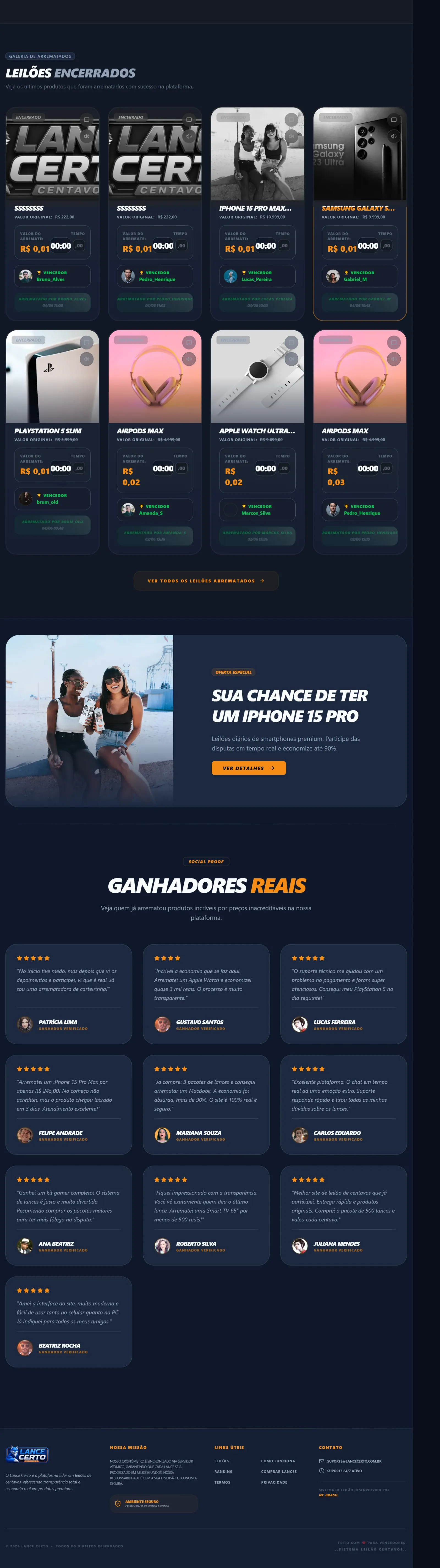 Galeria de Arrematados — sistema leilão de centavos