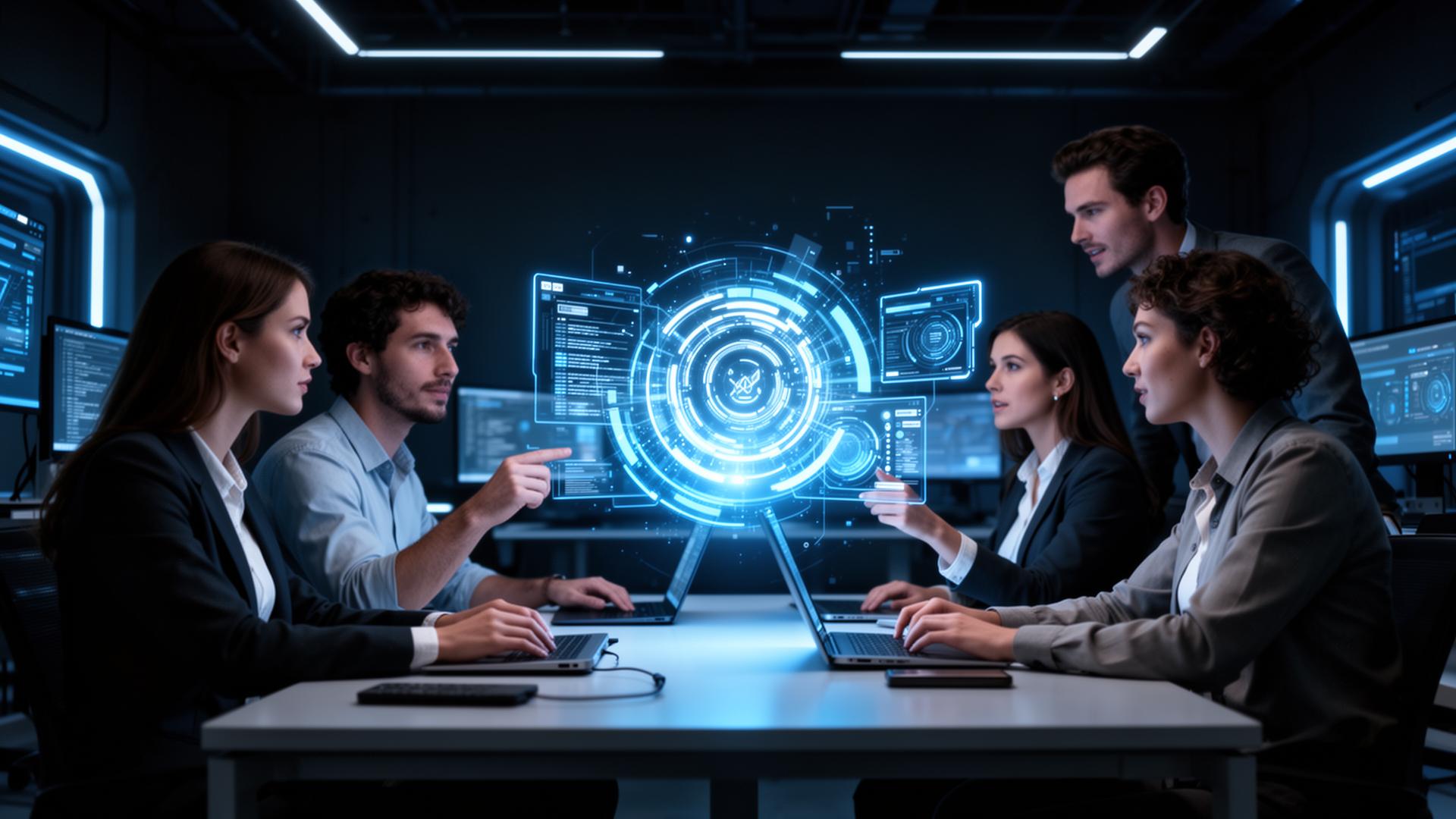Equipe NC Brasil colaborando em interface holográfica
