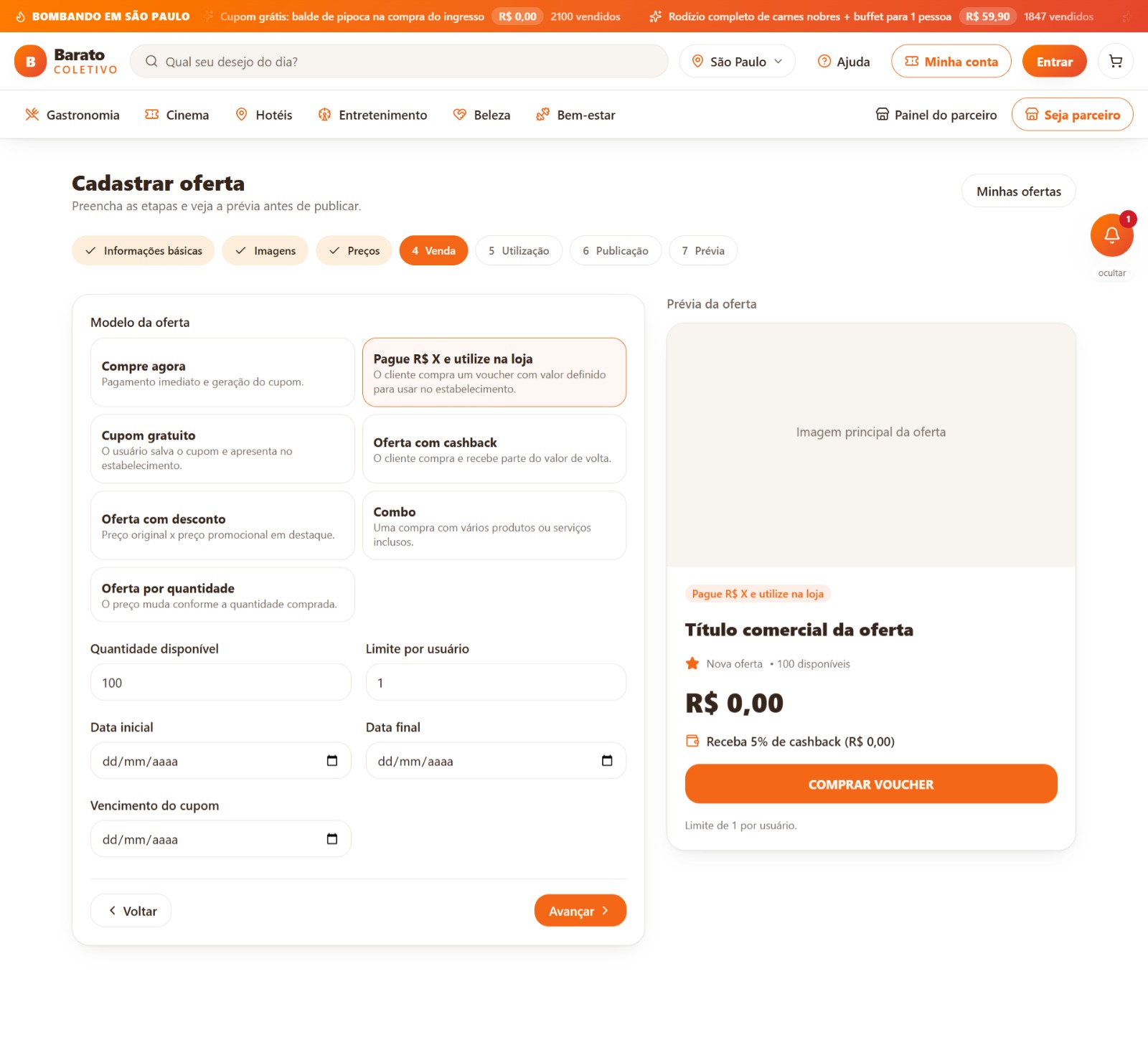 Dashboard de Gestão — sistema de cupom de desconto, sistema de ofertas, plataforma de compras coletivas, cupom com QR Code