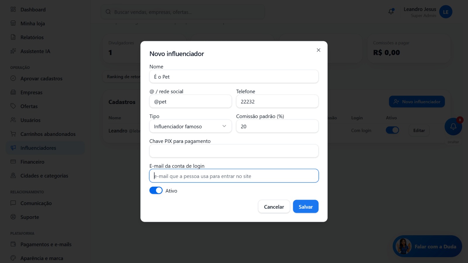 Cadastro de Influenciador — sistema de cupom de desconto, sistema de ofertas, plataforma de compras coletivas, cupom com QR Code