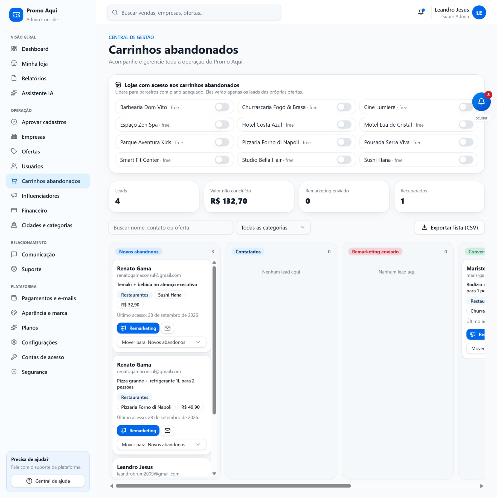 Carrinhos Abandonados — sistema de cupom de desconto, sistema de ofertas, plataforma de compras coletivas, cupom com QR Code
