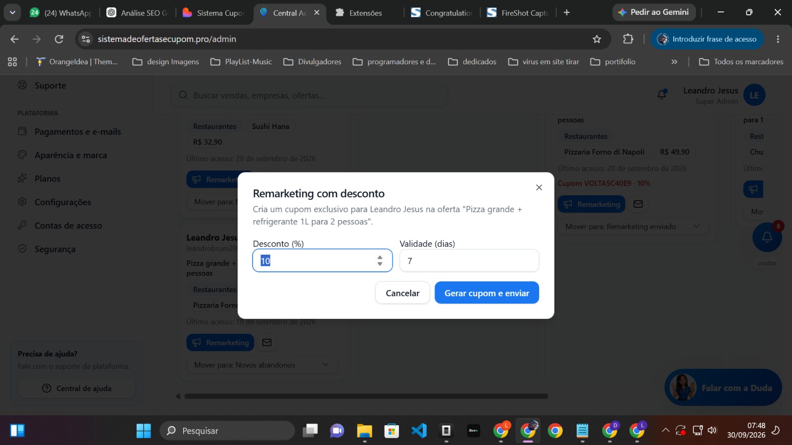 Remarketing de Carrinhos — sistema de cupom de desconto, sistema de ofertas, plataforma de compras coletivas, cupom com QR Code