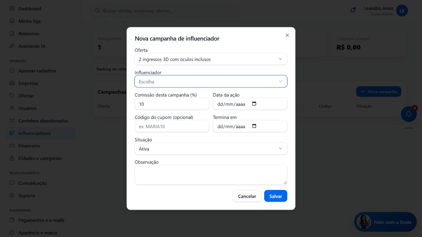 Painel de Influenciadores — sistema de cupom de desconto, sistema de ofertas, plataforma de compras coletivas, cupom com QR Code
