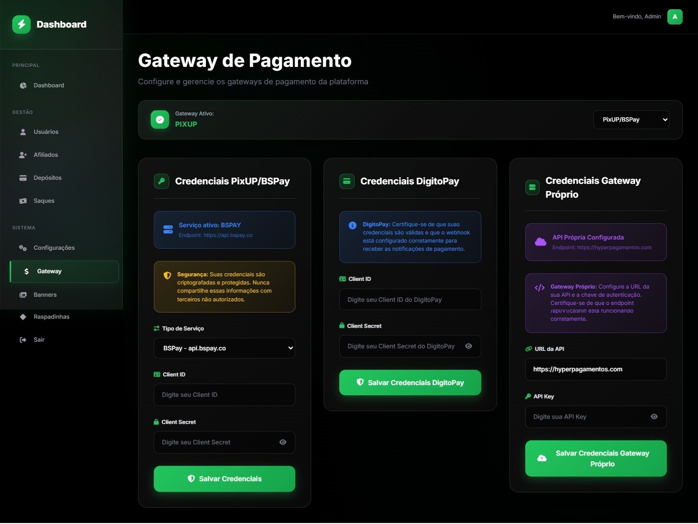 Interface de Jogo Premium — sistema de raspadinha online white label