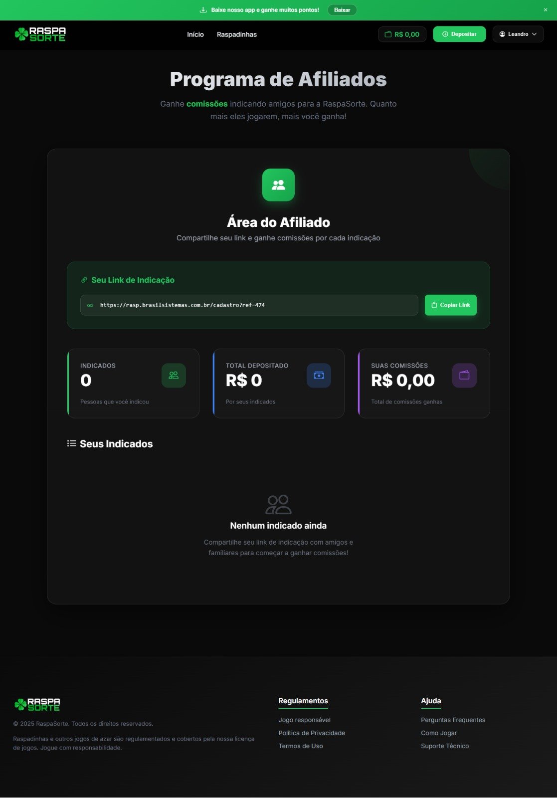 Sistema de Afiliados — sistema de raspadinha online white label