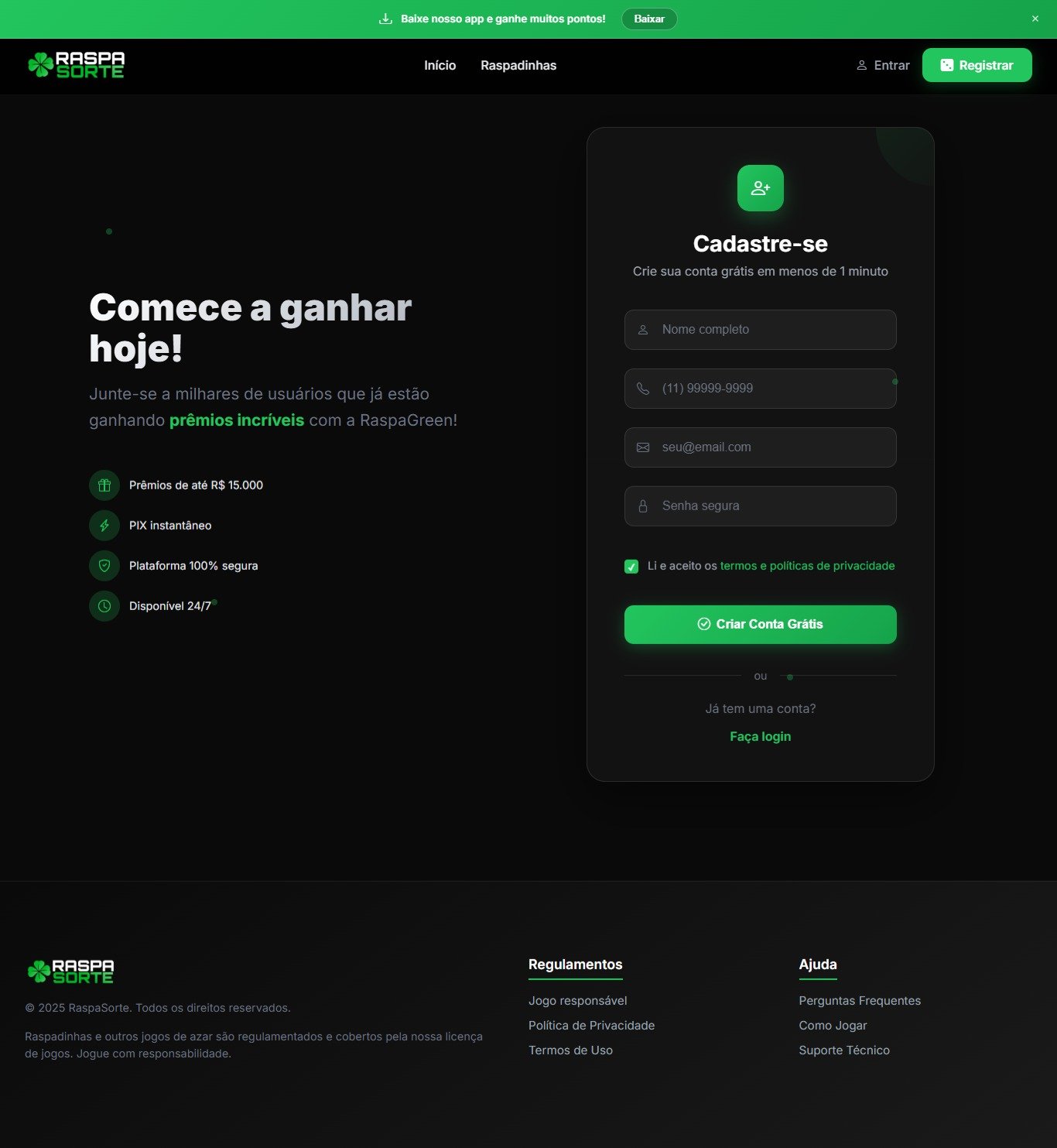 Site Responsivo — sistema de raspadinha online white label