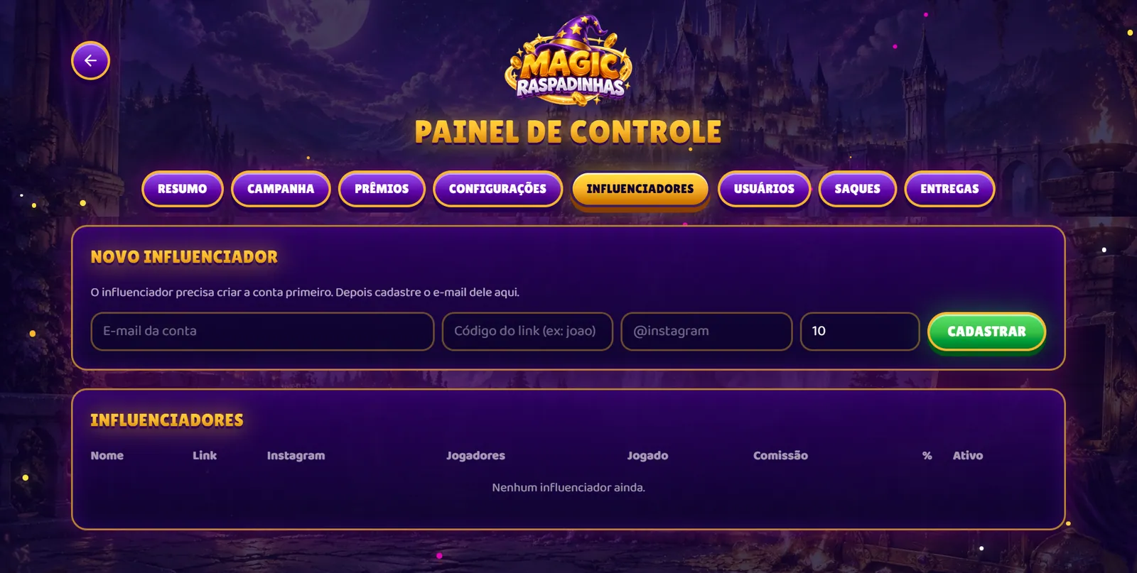 Painel do influenciador do sistema de raspadinha com link de divulgação e geração de comissão