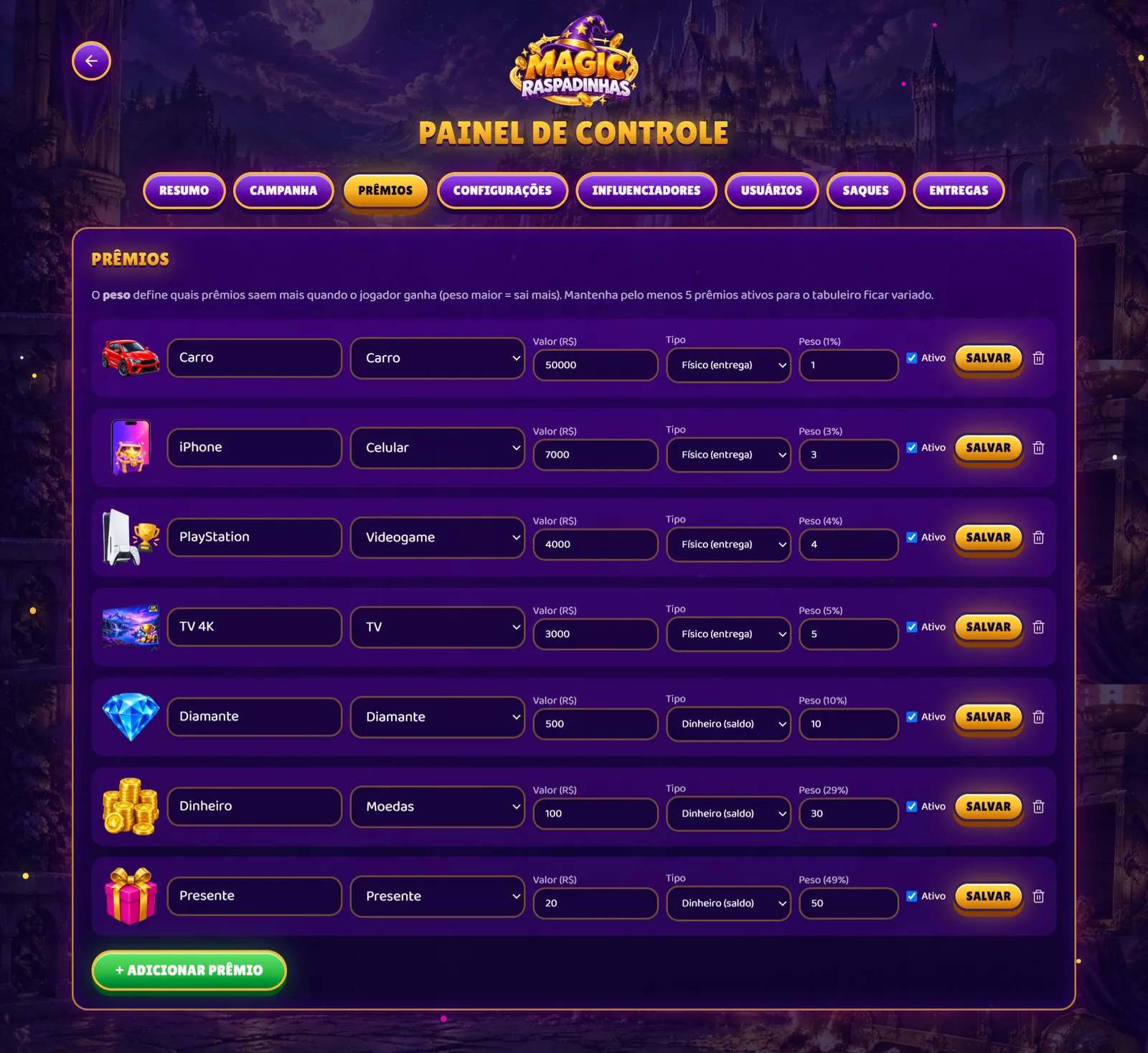 Site do jogador do sistema de raspadinha Magic Raspadinhas com vitrine de raspadinhas e saldo em conta
