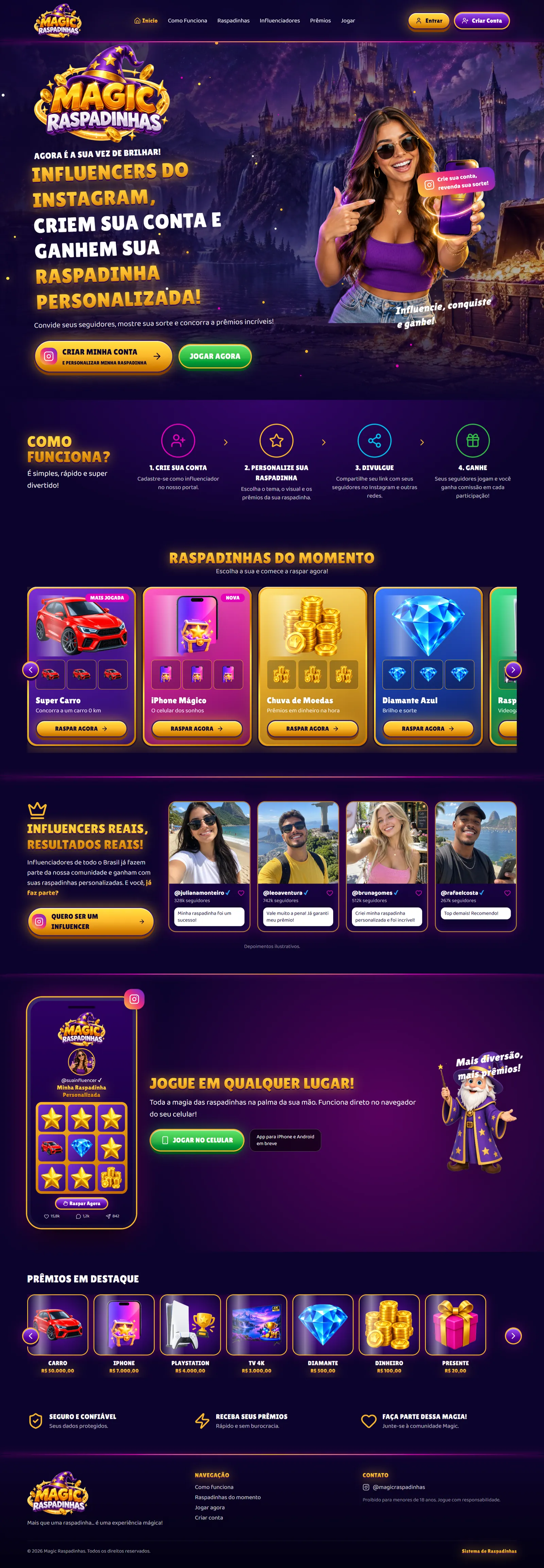 Template completo do site do sistema de raspadinha Magic Raspadinhas com tema iGaming e identidade visual mágica