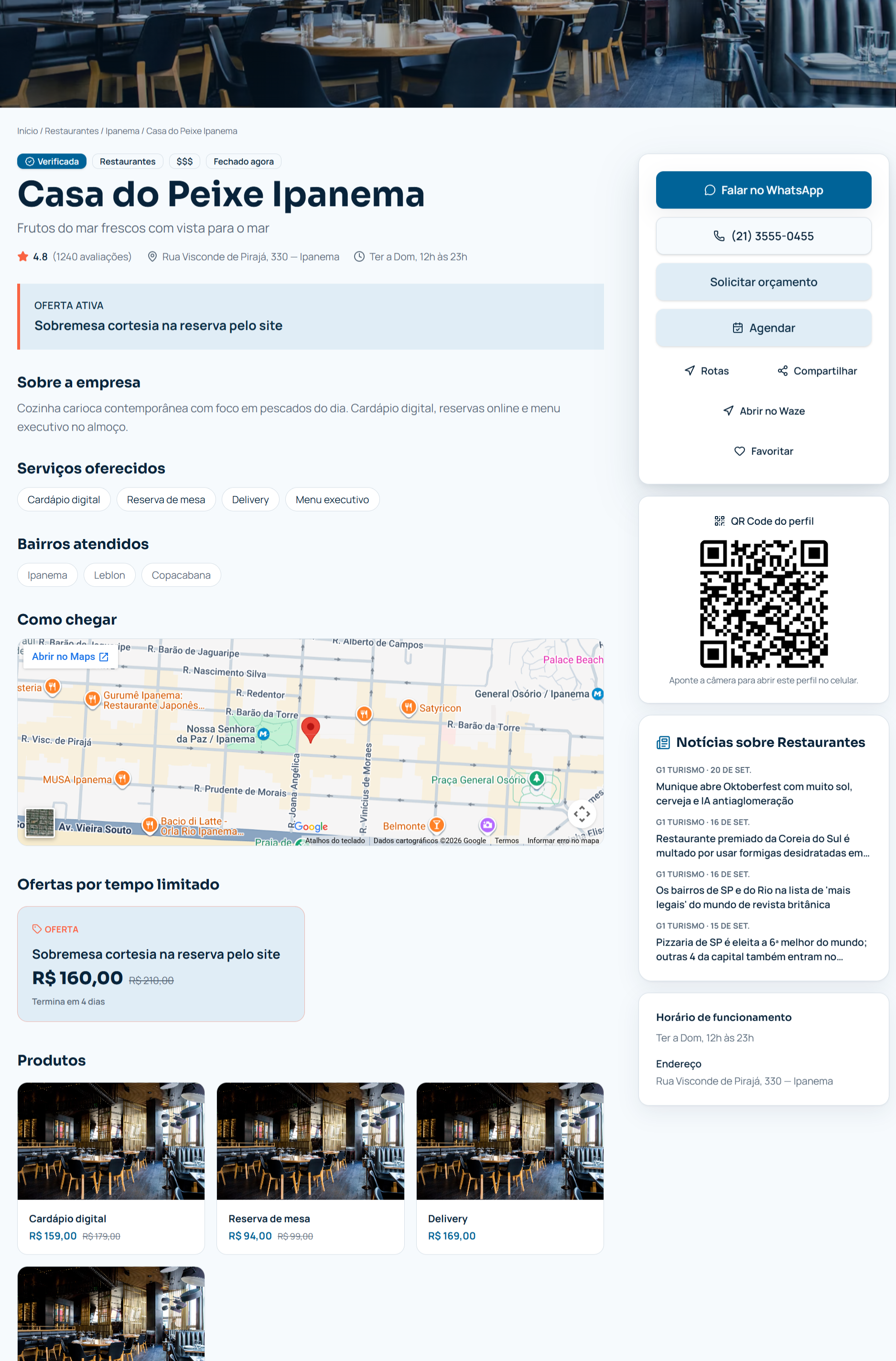 Página de empresa dentro do guia comercial com mapa, agendamentos, horários e avaliações ranqueando no Google