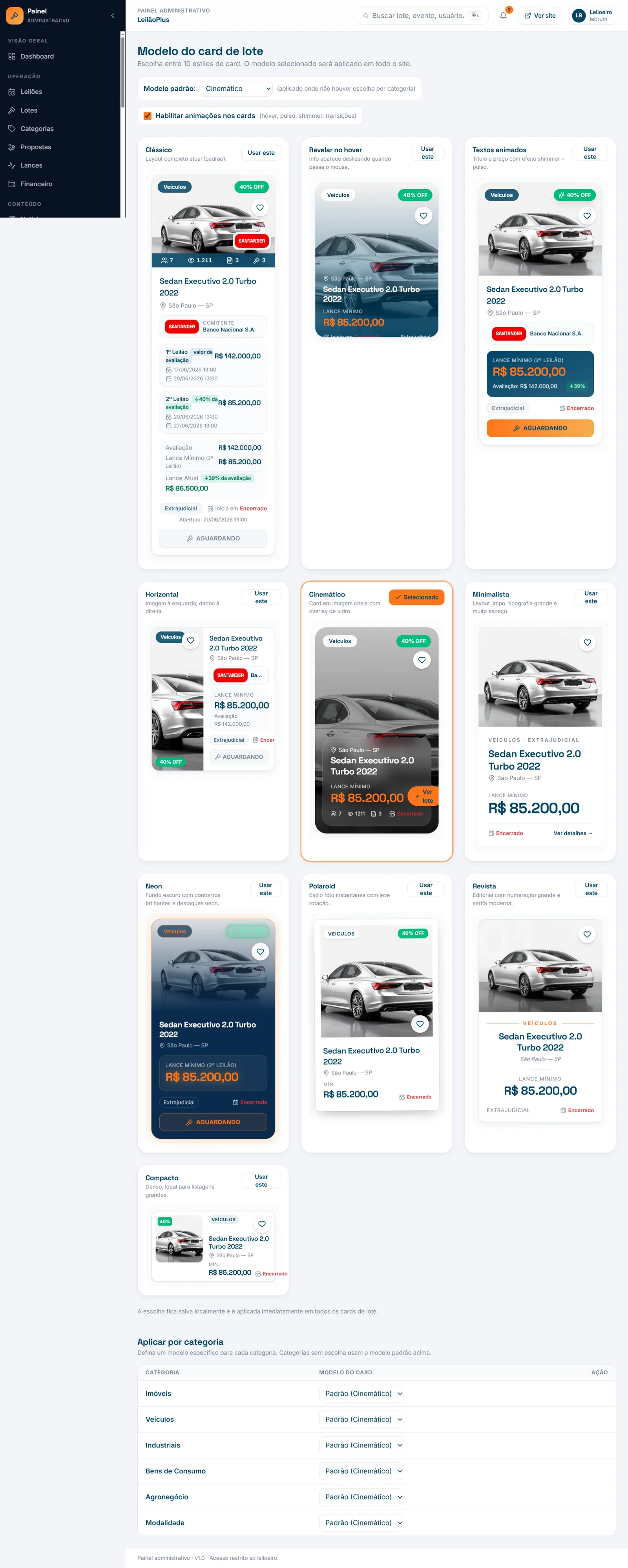 Modelos de card modernos para exibição de lotes em plataforma de leilões